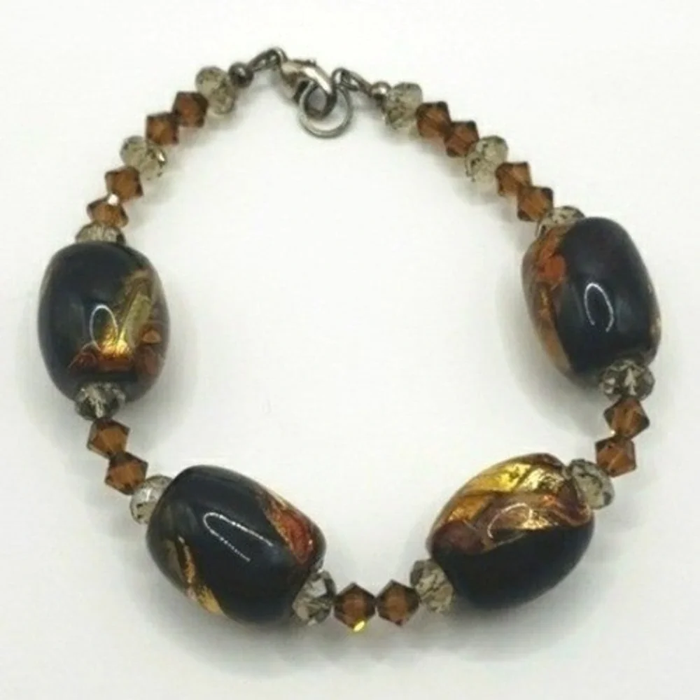 Elegant Glass Bead Bracelet Gold‎ Black Brown Crystal Accents Silver Clasp